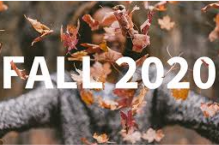 Woman throwing leaves with text "Fall 2020" in foreground