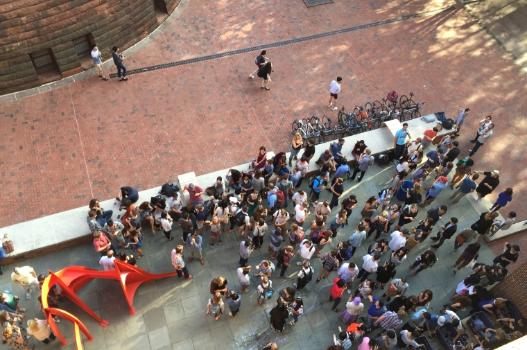 Students gather on Furness Plaza for the first Friday Happy Hour of fall 2015
