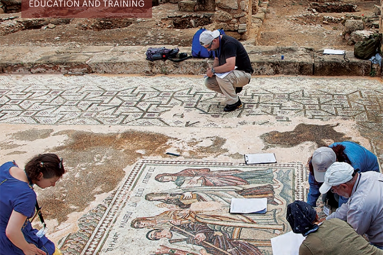 Cover of Getty Conservation Institute newsletter showing people working on an ancient mosaic