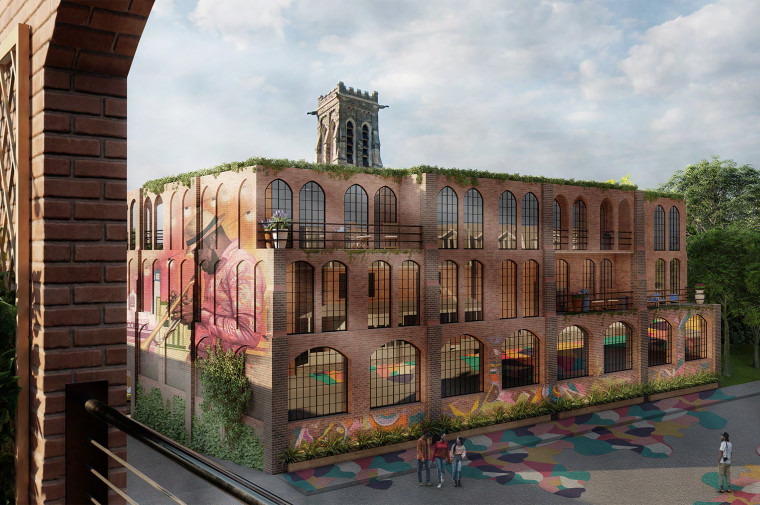 Multistory red brick housing development with arched windows and mural of trumpeter on facade