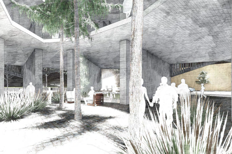 White rendering showing interior courtyard with seating, plantings and adjoining corridors
