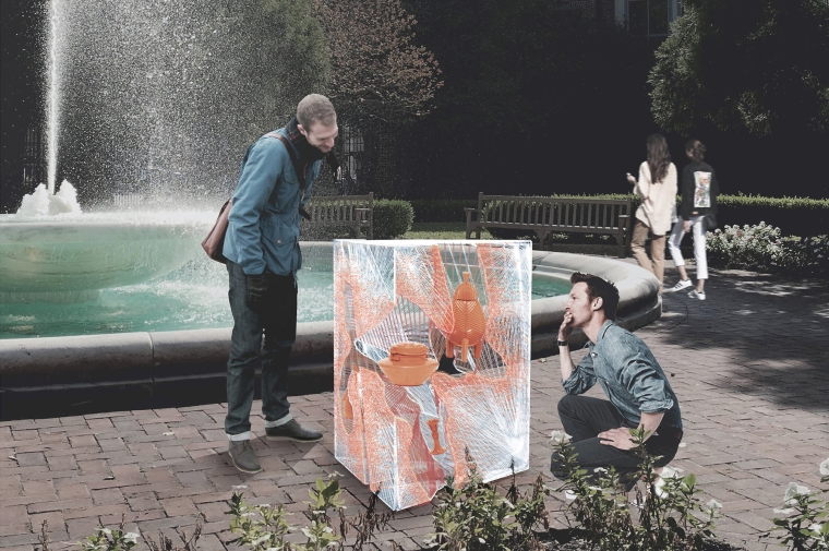 Rendering showing two young men in museum courtyard examining cube sculpture.
