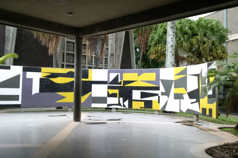 architectural photo showing mural with abstract shapes 