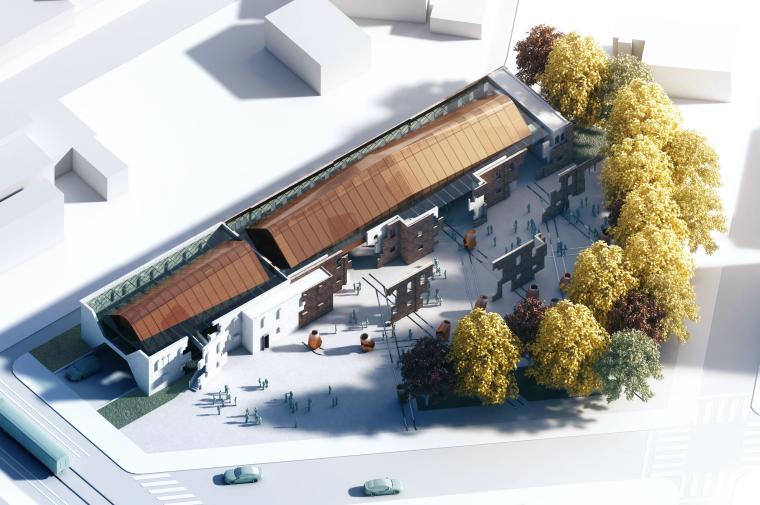 Rendering with aerial view of single story building with copper-colored roof