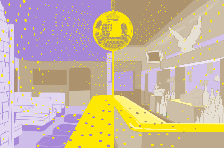 PURPLE YELLOW AND GREY DRAWING OF A BAR AND DANCEROOM WITH A ADISCO BALL 
