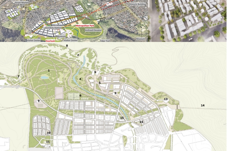 In a design for Guadalajara, dense clusters of buildings are set into the landscape in a horseshoe shape