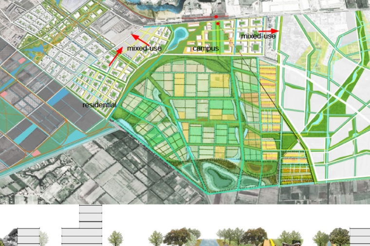 In a design for Mosquera, a rhomboid collection of green spaces are set between mixed-used developments to the east and west