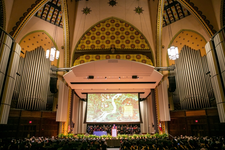 Proscenium stage at Neogothic auditorium