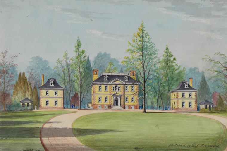historic watercolor of a house with circular driveway 
