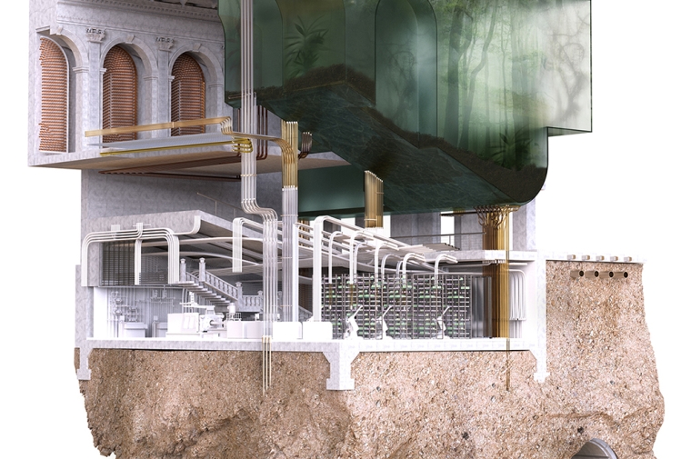 Cutaway rendering of a building showing multiple floors and pipes underground