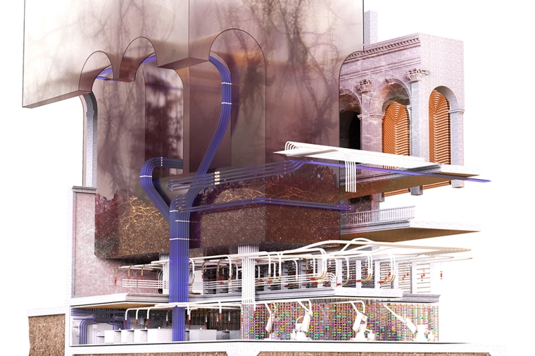 Cutaway rendering of a building showing multiple floors and pipes underground