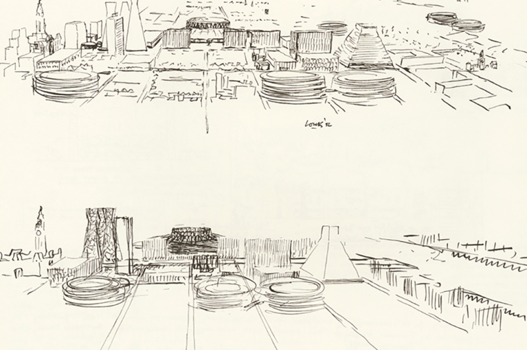 Ink drawing of Philadelphia showing new structures envisioned by Kahn