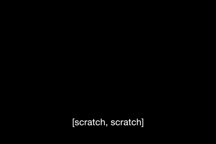 A pitch black background. Centered in the bottom third of the image are white captions that read, "[scratch, scratch]".