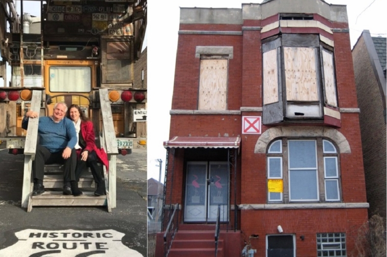 Right, two people sitting in front of a Route 66 Sign and left, a rick home in disrepair 