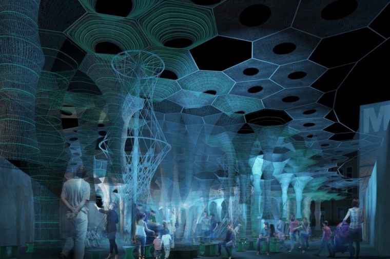 Rendering of lumen project. Ceiling is covered in hexagonal patterns, hall is dimly lit with blue light.