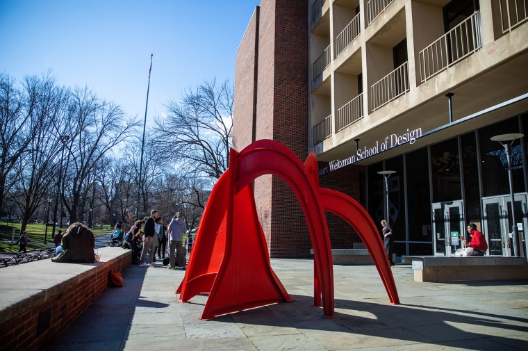 Front of Meyerson Hall building with Alexander Calder's "Jerusalem Stabile" scultpure in the foreground