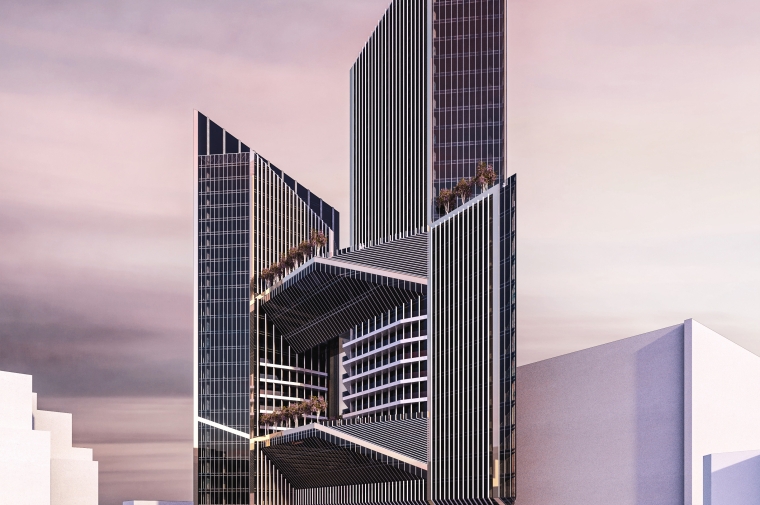 Rendering of skyscraper design utilizing sharp angles and balconies