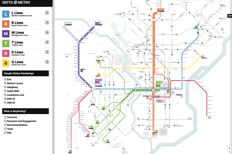 Screenshot from map.septa.org showing colored transit lines overlaid on simplified map of Phildelphia