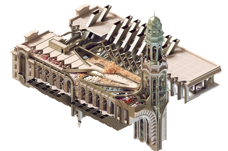 Rendering of a futuristic large building with a Gothic tower