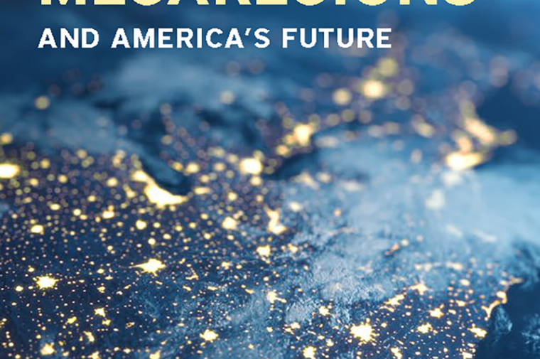 Book cover of "Megaregions and America's Future" showing NASA satellite view of US cities at night