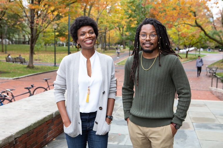 Eboni Hawkins and Sean Smith on the Meyerson patio with Locus Walk in background 