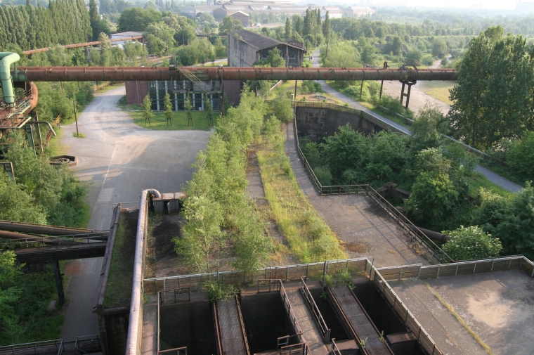 Abandoned industrial infrastructure overgrown by plants