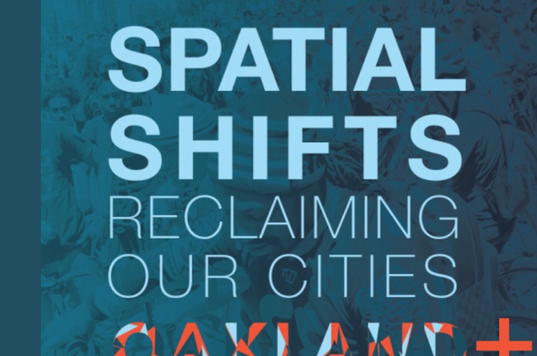 Light teal text on dark teal background that reads spatial shifts reclaiming our cities
