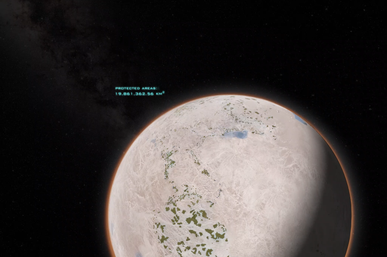 Rendering of Earth seen from space with most of surface waterless and grey