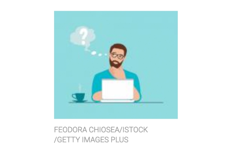 Illustration of a man thinking in fron tof an open laptop.