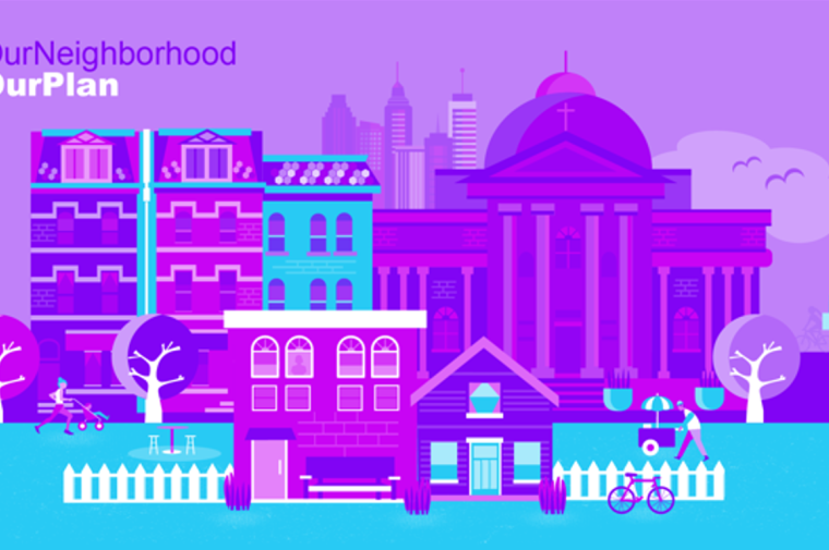 Graphic with bright purple colors depicting different types of buildings: residential and commercial, historic and modern