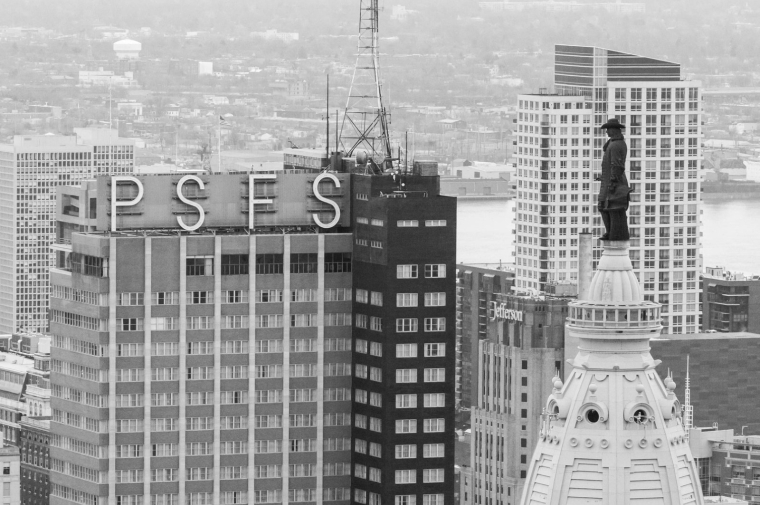 Black and white photo of International style skyscraper