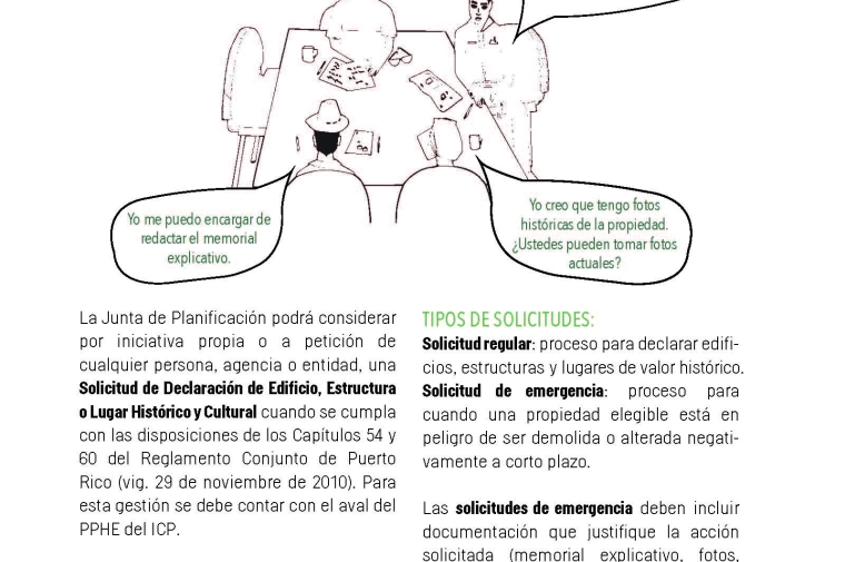 Cartoon of people discussing property nomination with instructions written below in spanish