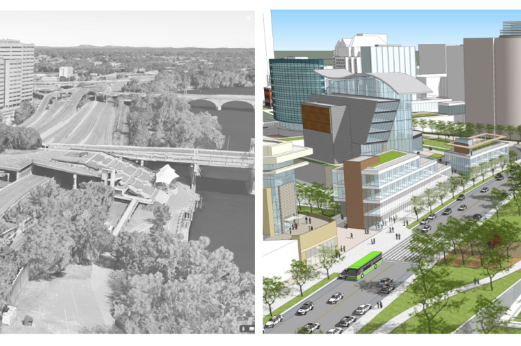 Panoramic before/after image of River Road