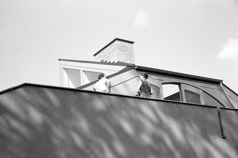 Denise Scott Brown and Robert Venturi on the back deck of the Vanna Venturi House