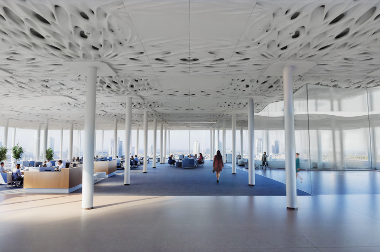 Digital render of high-rise office interior with concrete ceiling structure exposed