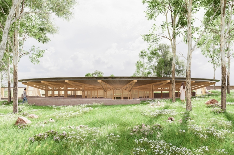 Wood pavilion on grassy slope