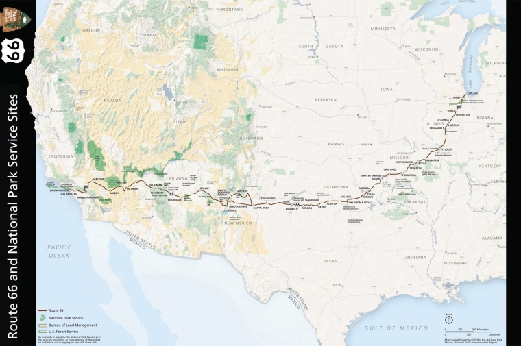 Map of US showing National Park Service sites along Route 66 from Chicago to LA