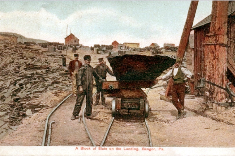 As pictured on a postcard for Bangor, Pennsylvania, slate was moved on quarry trucks on track.