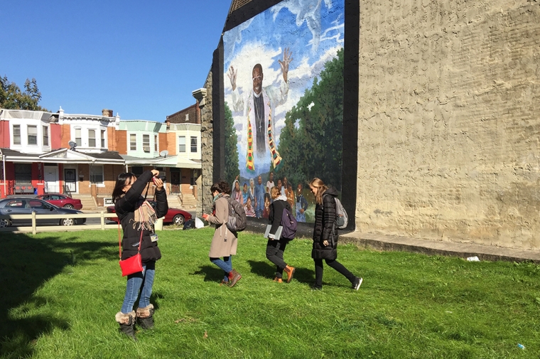 Students Melissa Luo, Katie Randall, Allison King, and Irena Wight at Strawberry Mansion Calvary Reformed Church, Philadelphia