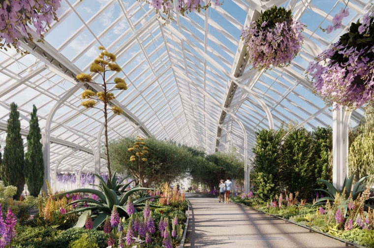 Interior view of new white-framed conservatory showing plantings