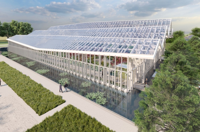 Exterior rendering of West Conservatory building showing asymmetrically pleated roof