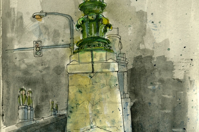 Sketch and watercolor of detail on Philadelphia Bridge by Paul P. Cret