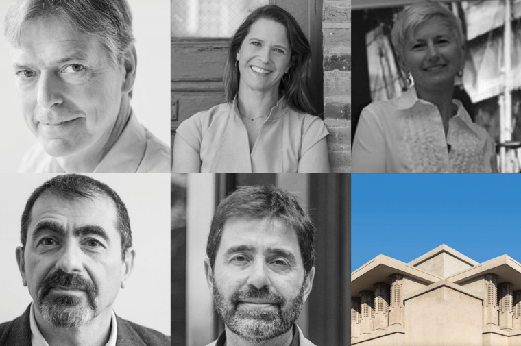 five faces of the panelists and the skyline of Unity Temple 