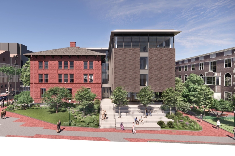 Rendering of 3-story historic red brick structure and 4-story brown brick addition