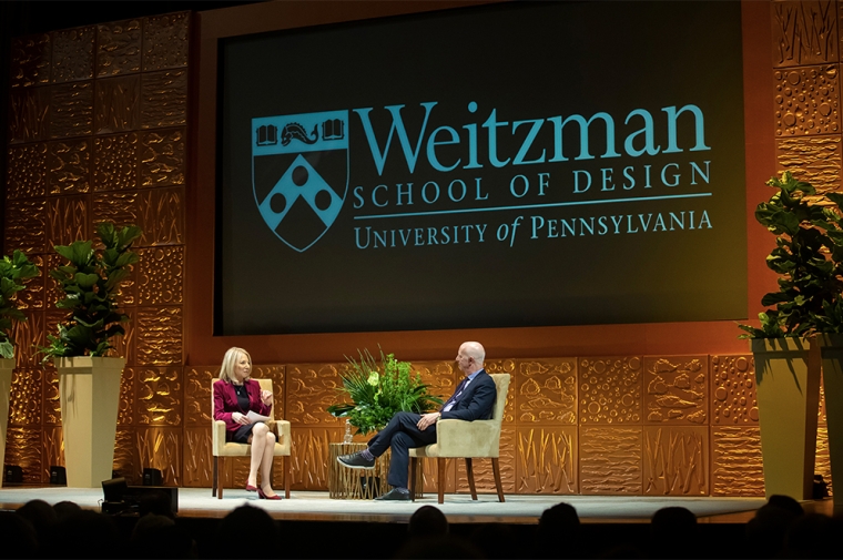 Penn President Amy Gutmann had a conversation with architecture critic Paul Goldberger in Irvine Auditorium.
