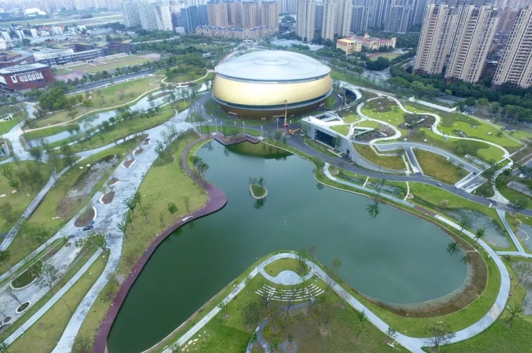 Aerial view of wetlands adjacent to table tennis stadium