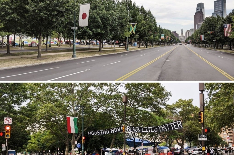 Two images are shown in comparison: an empty Benjamin Franklin Parkway and the entrance of the Occupy PHA site