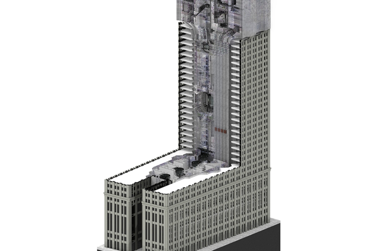 Rendering of a skyscraper that appears to be both very futuristic and Art Deco