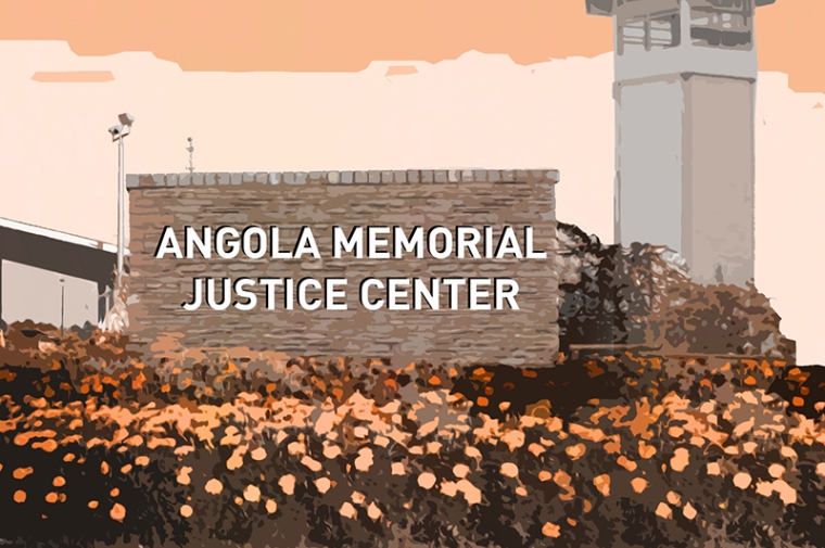 Illustration showing a stone wall with lettering reading Angola Memorial Justice Center