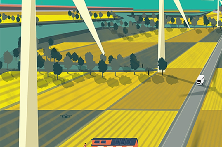 Cartoon-like illustration of countryside showing a house and large wind turbines